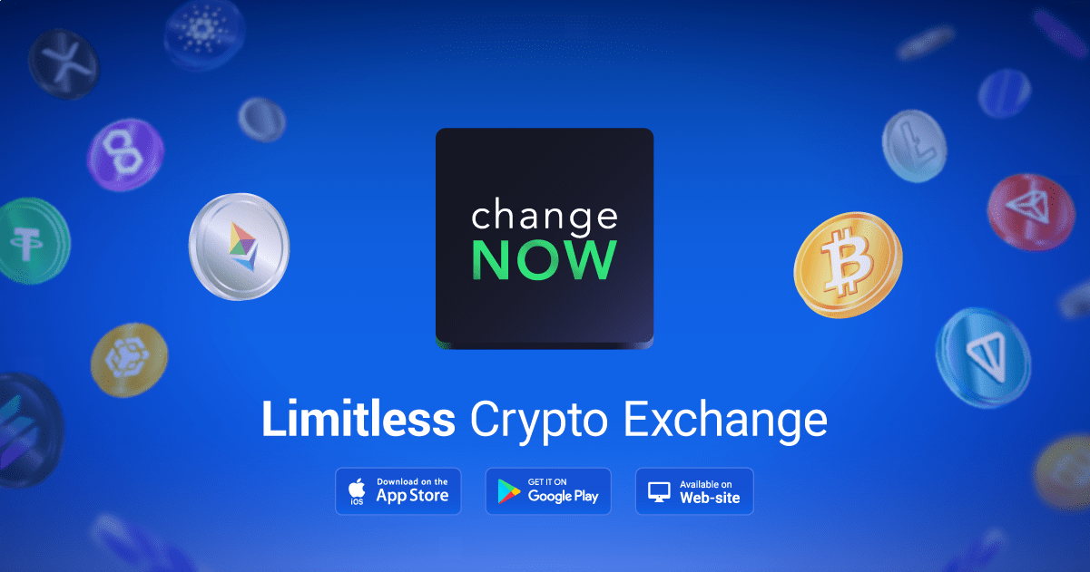 ChangeNOW logo above Limitless Crypto Exchange text and download buttons
